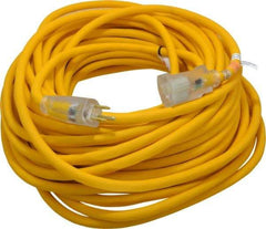 Southwire - 100', 12/3 Gauge/Conductors, Yellow Outdoor Extension Cord - 1 Receptacle, 15 Amps, 125 VAC, UL SJEOOW, NEMA 5-15P, 5-15R - USA Tool & Supply