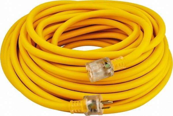 Southwire - 100', 12/3 Gauge/Conductors, Yellow Outdoor Extension Cord - 1 Receptacle, 15 Amps, 125 VAC, UL SEOOW, NEMA 5-15P, 5-15R - USA Tool & Supply