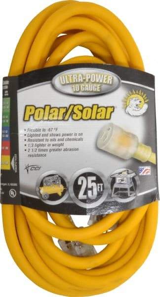 Southwire - 25', 10/3 Gauge/Conductors, Yellow Outdoor Extension Cord - 1 Receptacle, 15 Amps, 125 VAC, UL SJEOOW, NEMA 5-15P, 5-15R - USA Tool & Supply