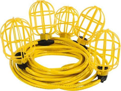 Value Collection - 5 Socket, 4 Conductor, 125 VAC, 15 Amp, Temporary String Light - 50' SJTW-A Cord, Yellow, Plastic, Includes Lamp Guard - USA Tool & Supply