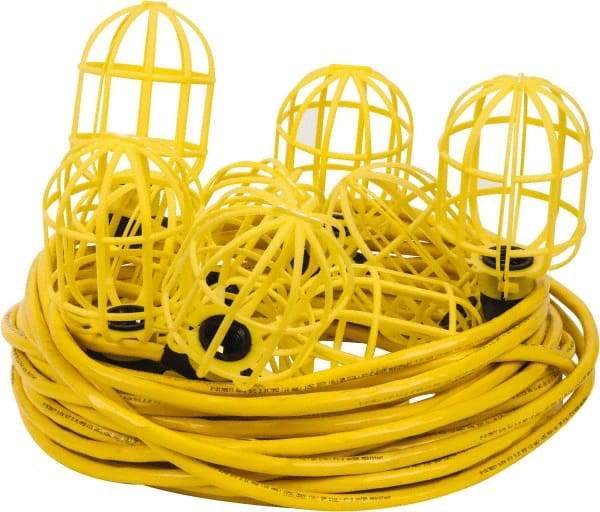 Value Collection - 10 Socket, 4 Conductor, 125 VAC, 15 Amp, Temporary String Light - 100' SJTW-A Cord, Yellow, Plastic, Includes Lamp Guard - USA Tool & Supply