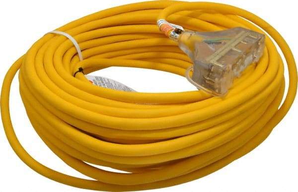 Southwire - 100', 12/3 Gauge/Conductors, Yellow Outdoor Extension Cord - 1 Receptacle, 15 Amps, 125 VAC, UL SJEOOW, NEMA 5-15P, 5-15R x 3 - USA Tool & Supply