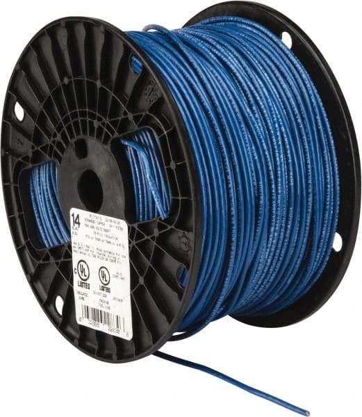 Southwire - THHN/THWN, 14 AWG, 15 Amp, 500' Long, Stranded Core, 19 Strand Building Wire - Blue, Thermoplastic Insulation - USA Tool & Supply