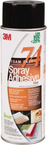 3M - 24 oz Aerosol Clear Spray Adhesive - High Tack, 200°F Heat Resistance, 50 Sq Ft Coverage, Medium Strength Bond, 30 min Max Bonding Time, Flammable, Series 74 - USA Tool & Supply