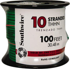 Southwire - THHN/THWN, 10 AWG, 30 Amp, 100' Long, Stranded Core, 19 Strand Building Wire - Green, Thermoplastic Insulation - USA Tool & Supply