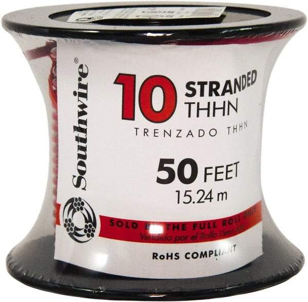 Southwire - THHN/THWN, 10 AWG, 30 Amp, 100' Long, Stranded Core, 19 Strand Building Wire - Red, Thermoplastic Insulation - USA Tool & Supply