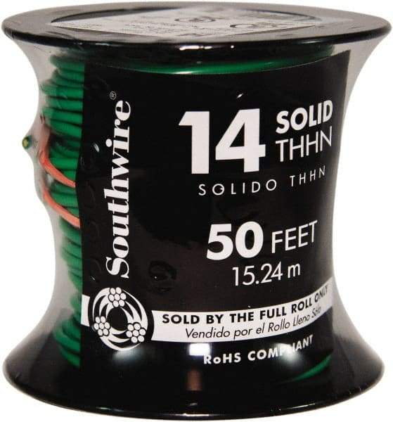 Southwire - THHN/THWN, 14 AWG, 15 Amp, 100' Long, Solid Core, 1 Strand Building Wire - Green, Thermoplastic Insulation - USA Tool & Supply