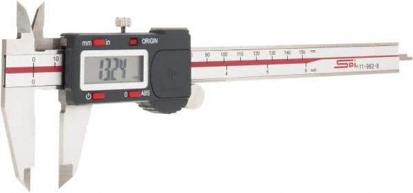 SPI - 0 to 6" Range 0.0005" Resolution, IP54 Electronic Caliper - Stainless Steel with 1.56" Stainless Steel Jaws, 0.001" Accuracy, USB Output - USA Tool & Supply