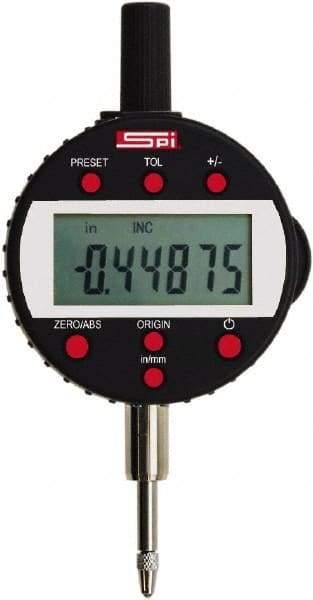 SPI - 0 to 1/2" Range, 0.00005" Graduation, Electronic Drop Indicator - Flat & Center Lug Back, Accurate to 0.00016", English & Metric System, LCD Display - USA Tool & Supply