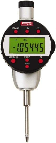 SPI - 0 to 1" Range, 0.00005" Graduation, Electronic Drop Indicator - Flat & Center Lug Back, Accurate to 0.0002", English & Metric System, LCD Display - USA Tool & Supply