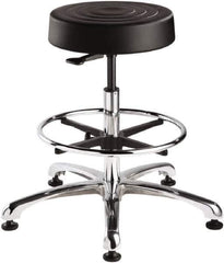 Bevco - 14 Inch Wide x 14-1/2 Inch Deep x 33 Inch High, Polished Aluminum Base, Adjustable Height Swivel Stool - Polyurethane Seat, Black - USA Tool & Supply