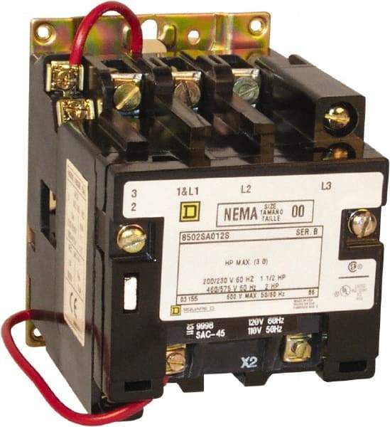 Square D - 2 Pole, 220 Coil VAC at 50 Hz, 240 Coil VAC at 60 Hz, 18 Amp NEMA Contactor - Open Enclosure, 50 Hz at 220 VAC and 60 Hz at 240 VAC - USA Tool & Supply