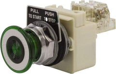 Schneider Electric - 30mm Mount Hole, Extended Straight, Pushbutton Switch with Contact Block - Green Pushbutton, Maintained (MA) - USA Tool & Supply