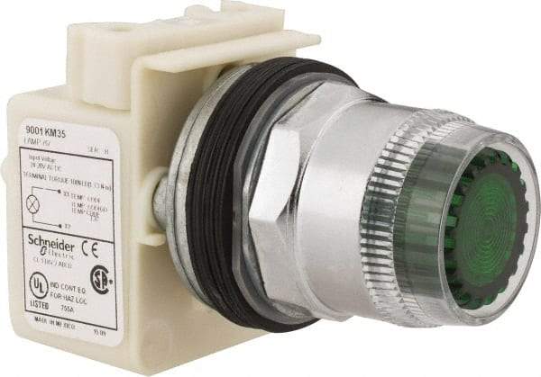 Schneider Electric - 1.18 Inch Mount Hole, Extended Straight, Pushbutton Switch Only - Round, Green Pushbutton, Illuminated, Momentary (MO), Weatherproof, Dust and Oil Resistant - USA Tool & Supply