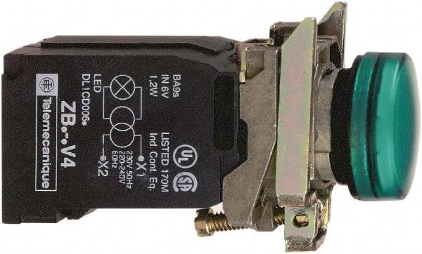 Schneider Electric - 110-120 VAC at 50/60 Hz Green Lens Incandescent Pilot Light - Round Lens, Screw Clamp Connector, 30mm Wide, Vibration Resistant, Water Resistant - USA Tool & Supply