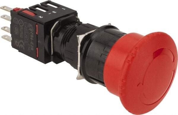 Schneider Electric - 16mm Mount Hole, Extended Mushroom Head, Pushbutton Switch with Contact Block - Round, Red Pushbutton, Maintained (MA), Momentary (MO) - USA Tool & Supply