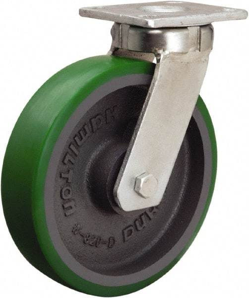 Hamilton - 8" Diam x 2" Wide x 9-1/2" OAH Top Plate Mount Swivel Caster - Polyurethane Mold onto Cast Iron Center, 1,500 Lb Capacity, Sealed Precision Ball Bearing, 4 x 4-1/2" Plate - USA Tool & Supply