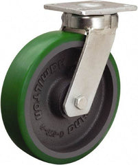 Hamilton - 8" Diam x 2" Wide x 9-1/2" OAH Top Plate Mount Swivel Caster - Polyurethane Mold onto Cast Iron Center, 1,500 Lb Capacity, Sealed Precision Ball Bearing, 4 x 4-1/2" Plate - USA Tool & Supply