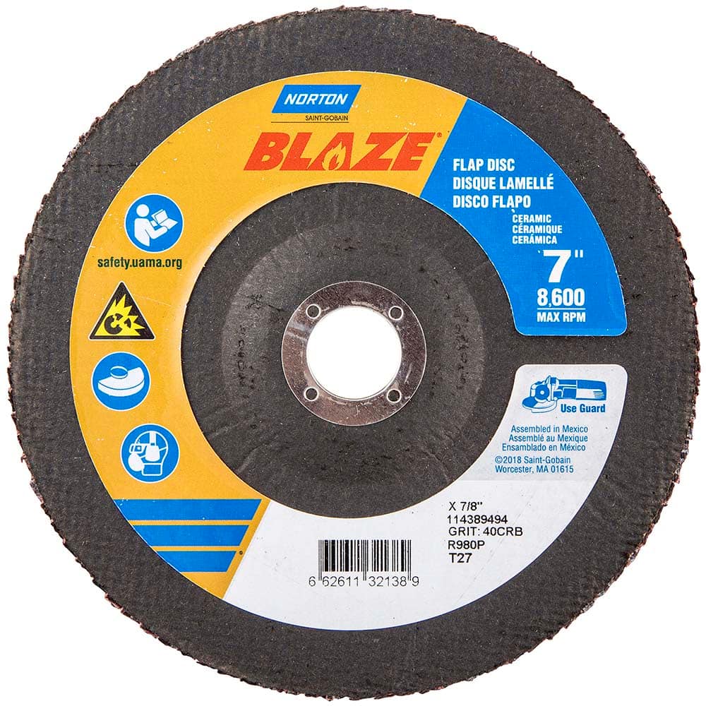 Norton - 7" 40 Grit 7/8" Center Hole Type 27 Ceramic Alumina Flap Disc - USA Tool & Supply