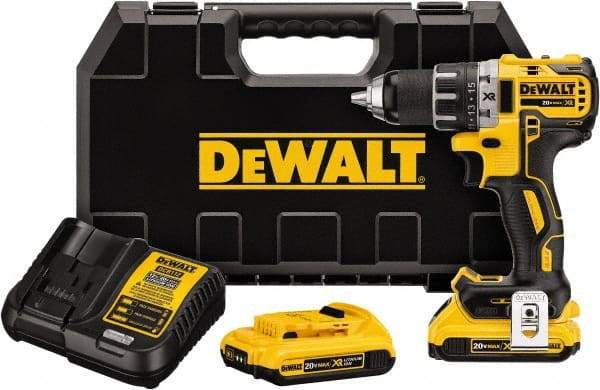 DeWALT - 20 Volt 1/2" Chuck Mid-Handle Cordless Drill - 0-500 & 0-2000 RPM, Keyless Chuck, Reversible, 2 Lithium-Ion Batteries Included - USA Tool & Supply