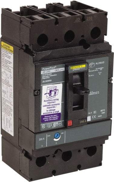 Square D - 200 Amp, 600 VAC, 3 Pole, Panel Mount Molded Case Circuit Breaker - Thermal Magnetic Trip, Multiple Breaking Capacity Ratings, 87.4mm Deep x 191mm High x 104.7mm Wide - USA Tool & Supply
