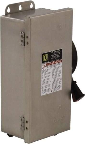 Square D - 60 Amp, 600 VAC/VDC, 3 Pole Nonfused Safety Switch - NEMA 12, 3, 3R, 4 & 4X, 30 hp at 600 VAC (Single Phase), 60 hp at 600 VAC, 30 hp at 600 VDC (Triple Phase), 3PST Contact Form - USA Tool & Supply