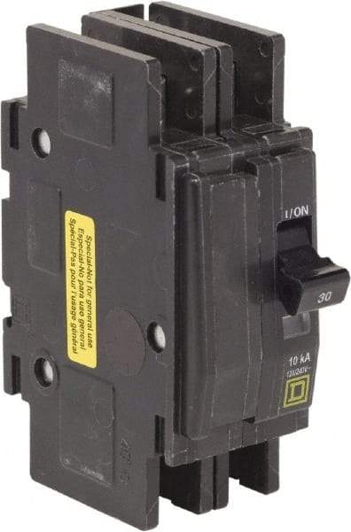 Square D - 30 Amp, 120/240 VAC, 2 Pole, DIN Rail Mounted, Flush Mount, Surface Mount Miniature Circuit Breaker - Thermal Magnetic Trip, 10 kA at 120/240 VAC Breaking Capacity, 14-2 (Aluminum), 14-2 (Copper) AWG, 74mm Deep x 103mm High x 19mm Wide - USA Tool & Supply