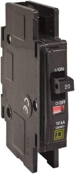 Square D - 20 Amp, 120/240 VAC, 1 Pole, DIN Rail Mounted, Flush Mount, Surface Mount Miniature Circuit Breaker - Thermal Magnetic Trip, 10 kA at 120/240 VAC Breaking Capacity, 14-2 (Aluminum), 14-2 (Copper) AWG, 74mm Deep x 103mm High x 19mm Wide - USA Tool & Supply