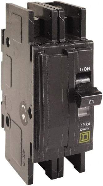 Square D - 15 Amp, 120/240 VAC, 2 Pole, DIN Rail Mounted, Flush Mount, Surface Mount Miniature Circuit Breaker - Thermal Magnetic Trip, 10 kA at 120/240 VAC Breaking Capacity, 14-2 (Aluminum), 14-2 (Copper) AWG, 74mm Deep x 103mm High x 19mm Wide - USA Tool & Supply