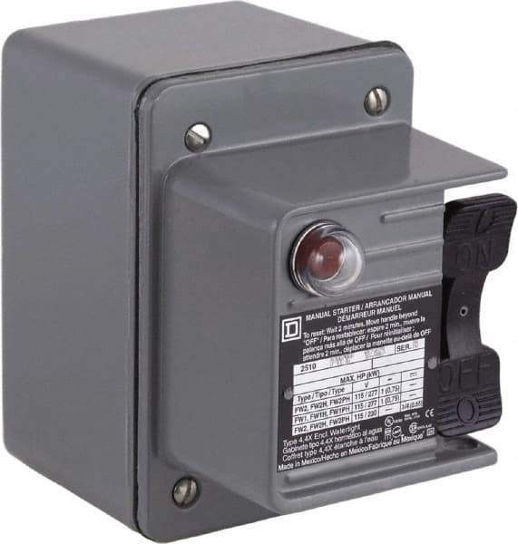 Square D - 1 Pole, 16 Amp, NEMA, Enclosed Toggle Manual Motor Starter - 1 hp at 115 VAC, 1 hp at 230 VAC, 1 hp at 277 VAC, CE, CSA, NEMA 4 & UL Listed - USA Tool & Supply