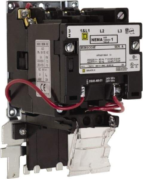 Square D - 600 Coil VAC, 27 Amp, NEMA Size 1, Open Enclosure NEMA Motor Starter - 1 Phase hp: 7 1/2 at 200 Volt, 7 1/2 at 230 Volt, 3 Phase hp: 10 at 460 Volt, 10 at 575 Volt - USA Tool & Supply