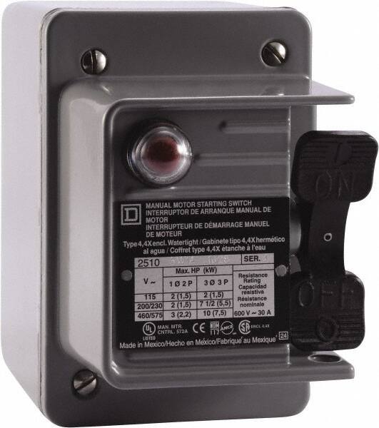 Square D - 3 Poles, 30 Amp, NEMA, Enclosed Toggle Manual Motor Starter - 1 hp at 90 VDC, 10 hp at 460 VAC, 10 hp at 575 VAC, 1-1/2 hp at 230 VDC, 2 hp at 115 VAC, 2 hp at 115 VDC & 7-1/2 hp at 230 VAC, CE, CSA, NEMA 4 & UL Listed - USA Tool & Supply