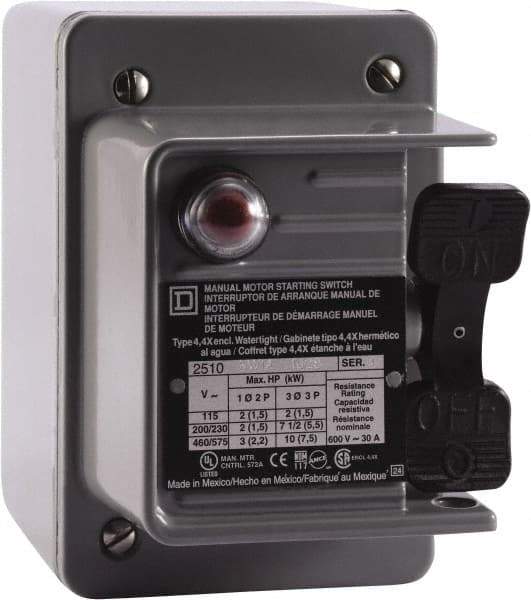 Square D - 2 Poles, 30 Amp, NEMA, Enclosed Toggle Manual Motor Starter - 1 hp at 90 VDC, 1-1/2 hp at 230 VDC, 2 hp at 115 VAC, 2 hp at 115 VDC, 2 hp at 230 VAC, 3 hp at 460 VAC & 3 hp at 575 VAC, CE, CSA, NEMA 4 & UL Listed - USA Tool & Supply