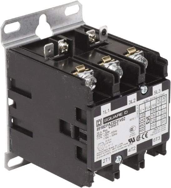 Square D - 3 Pole, 25 Amp Inductive Load, Definite Purpose Contactor - 35 Amp Resistive Rating - USA Tool & Supply