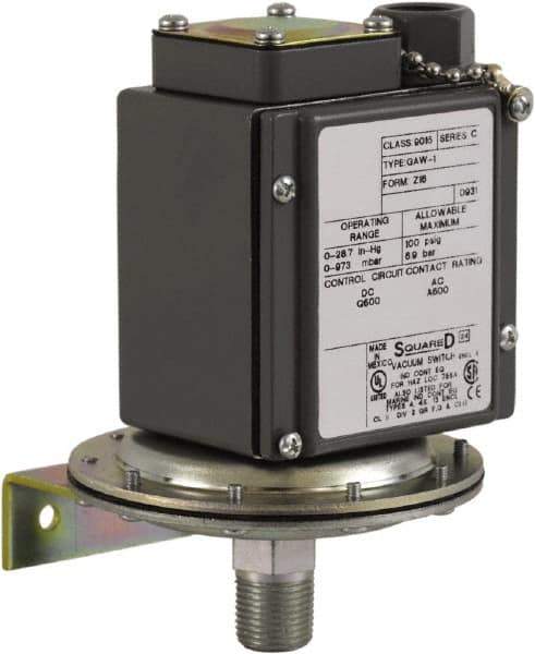 Square D - 4, 13 and 4X NEMA Rated, SPDT, 0.2 to 10 psi, Vacuum Switch Pressure and Level Switch - Adjustable Pressure, 120 VAC, 125 VDC, 240 VAC, 250 VDC, Screw Terminal - USA Tool & Supply