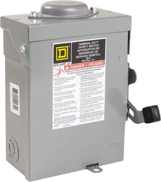 Square D - 30 Amp, 240 VAC, 2 Pole Nonfused Safety Switch - NEMA 3R, 1 & 3 Phase, 10 hp at 240 VAC (Single Phase), 15 hp at 240 VAC (Triple Phase) - USA Tool & Supply
