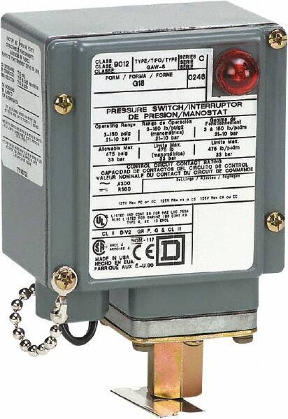 Square D - 4, 13 and 4X NEMA Rated, SPDT, 1.5 to 75 psi, Electromechanical Pressure and Level Switch - Fixed Pressure, 120 VAC at 6 Amp, 125 VDC at 0.22 Amp, 240 VAC at 3 Amp, 250 VDC at 0.27 Amp, 1/4 Inch Connector, Screw Terminal, For Use with 9012G - USA Tool & Supply