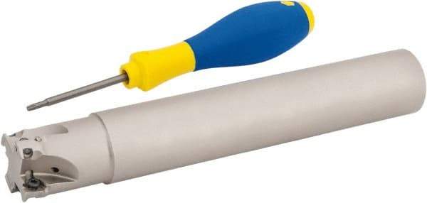 Iscar - 1-1/4" Cut Diam, 0.315" Max Depth of Cut, 1-1/4" Shank Diam, 7.87" OAL, Indexable Square Shoulder Helical End Mill - HM390 TPKT 1003 Inserts, Cylindrical Shank, 90° Lead Angle, Through Coolant, Series HeliIQMill - USA Tool & Supply