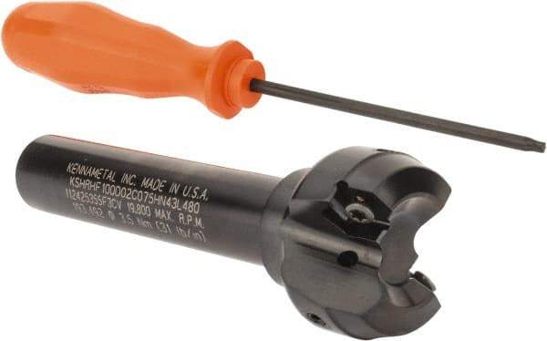 Kennametal - 1.518" Cut Diam, 0.064" Max Depth, 3/4" Shank Diam, Cylindrical Shank Indexable High-Feed End Mill - Screw Holding Method, HNGJ0604ANENLD Insert, KSHR Toolholder, Through Coolant - USA Tool & Supply