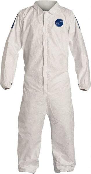 Dupont - Size 4XL Film Laminate General Purpose Coveralls - White/Blue, Zipper Closure, Elastic Cuffs, Elastic Ankles, Serged Seams, Hazard Level D & C - USA Tool & Supply