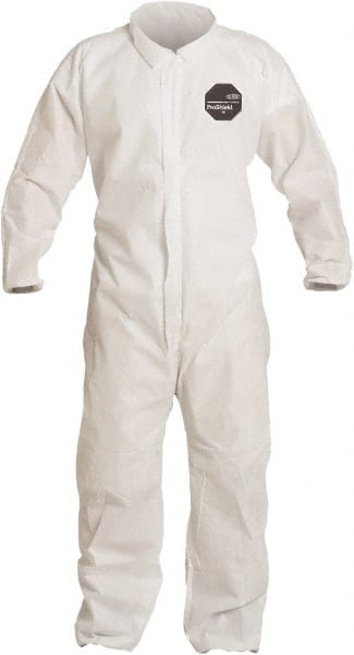 Disposable Coveralls: Size 5X-Large, Film Laminate, Zipper Closure White, Sewn Seam, Elastic Cuff, Elastic Ankle, ISO Non-Cleanroom Class