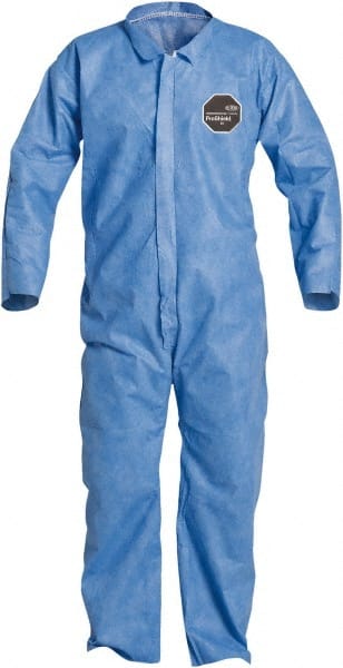 Disposable Coveralls: Size 4X-Large, Film Laminate, Zipper Closure Blue, Sewn Seam, Open Cuff, Open Ankle, ISO Non-Cleanroom Class