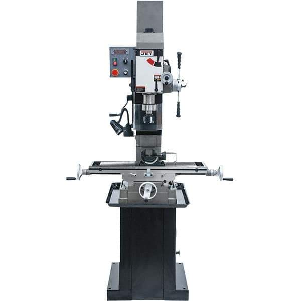 Jet - 3 Phase, 19-11/16" Swing, Geared Head Mill Drill Combination - 32-1/4" Table Length x 9-1/2" Table Width, 20-1/2" Longitudinal Travel, 8-1/4" Cross Travel, Variable Spindle Speeds, 1.5 hp, 230 Volts - USA Tool & Supply