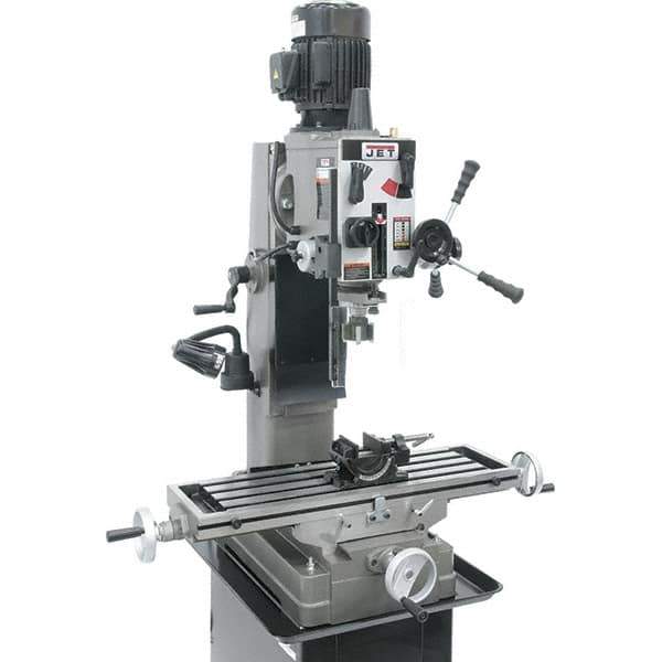 Jet - 1 Phase, 19-11/16" Swing, Geared Head Mill Drill Combination - 32-1/4" Table Length x 9-1/2" Table Width, 20-1/2" Longitudinal Travel, 8-1/4" Cross Travel, 6 Spindle Speeds, 1.5 hp, 115/230 Volts - USA Tool & Supply