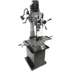 Jet - 1 Phase, 20-1/2" Swing, Geared Head Mill Drill Combination - 32-1/4" Table Length x 9-1/2" Table Width, 20-1/2" Longitudinal Travel, 8-1/4" Cross Travel, 6 Spindle Speeds, 1.5 hp, 115/230 Volts - USA Tool & Supply