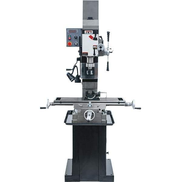 Jet - 1 Phase, 19-11/16" Swing, Geared Head Mill Drill Combination - 32-1/4" Table Length x 9-1/2" Table Width, 20-1/2" Longitudinal Travel, 8-1/4" Cross Travel, Variable Spindle Speeds, 1.5 hp, 115/230 Volts - USA Tool & Supply