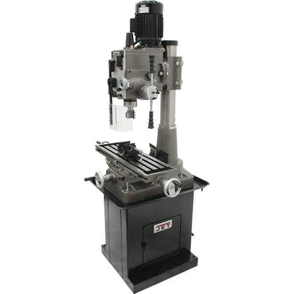 Jet - 1 Phase, 19-11/16" Swing, Geared Head Mill Drill Combination - 32-1/4" Table Length x 9-1/2" Table Width, 20-1/2" Longitudinal Travel, 8-1/4" Cross Travel, 6 Spindle Speeds, 1.5 hp, 115/230 Volts - USA Tool & Supply