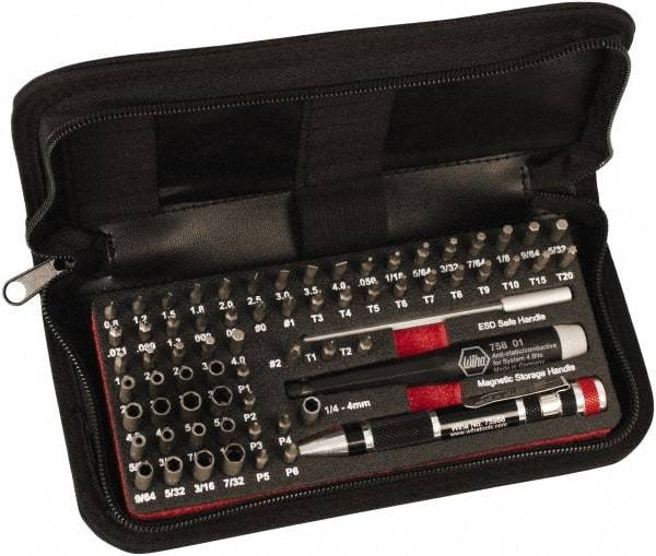 Wiha - 68 Piece, 4mm Drive Screwdriver Micro Bit Set - #000 to #2 Phillips, 0.7 to 4mm Hex, T1 to T20 Torx, 0.8, 1.2, 1.5, 1.8, 2, 2.5, 3, 3.5 & 4mm Slotted - USA Tool & Supply