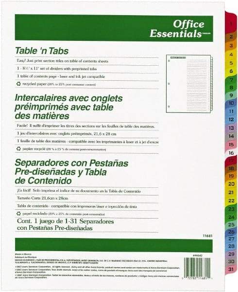Office Essentials - 11 x 8 1/2" 1 to 31" Label, 31 Tabs, 3-Hole Punched, Preprinted Divider - Multicolor Tabs, White Folder - USA Tool & Supply
