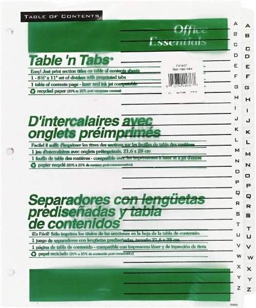 Office Essentials - 11 x 8 1/2" A to Z Label, 26 Tabs, 3-Hole Punched, Preprinted Divider - White - USA Tool & Supply